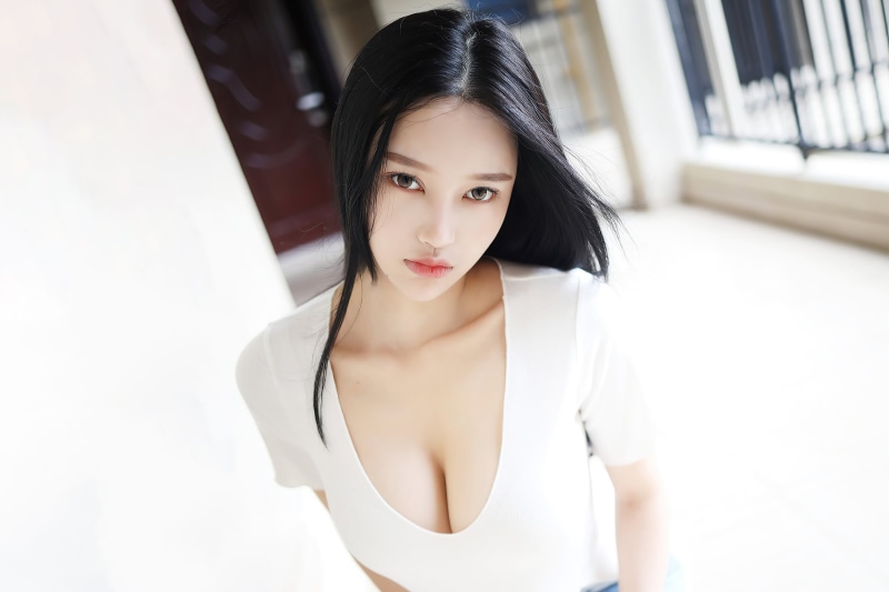 white tops, Asian, looking at viewer, long hair, white t-shirt, women outdoors, Xiuren, Chinese, low neckline, model, 2K, brunette
