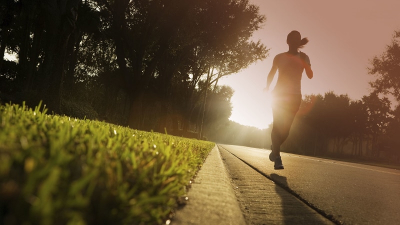 rear view, tree, sunlight, men, plant, silhouette, lens flare, 1080P, one person, running, adult, nature, sport, jogging, sky, footpath, full length, leisure activity