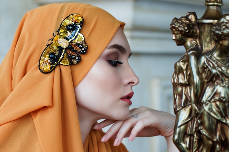 person, orange, luxury, beautiful girl, beautiful, elegance, one woman only, headdress, colored, girl, 4K, photo, close-up, beads, females, adult, women