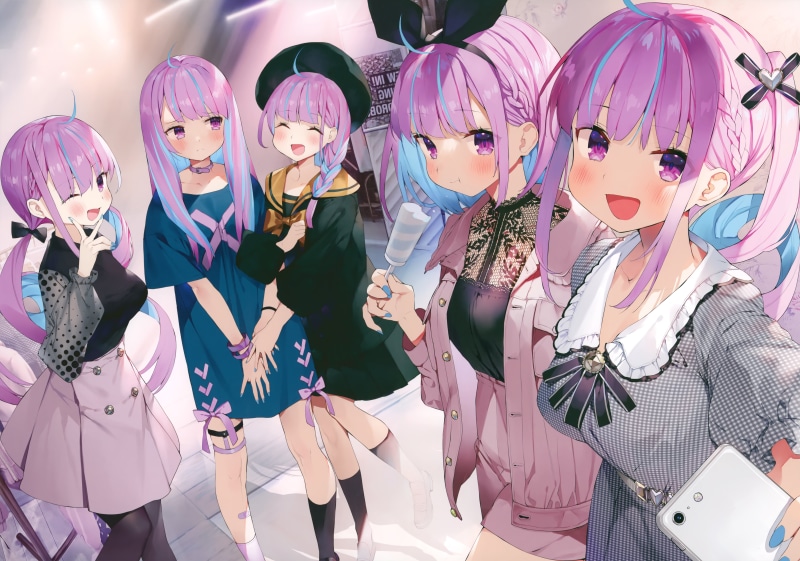 5K, dress, smiling, Matsui Hiroaki, blush, purple eyes, Hololive, pink hair, Minato Aqua