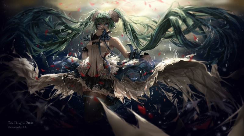 aqua eyes, thigh-highs, anime, aqua hair, Hatsune Miku, anime girls, twintails, dress, 4K, long hair