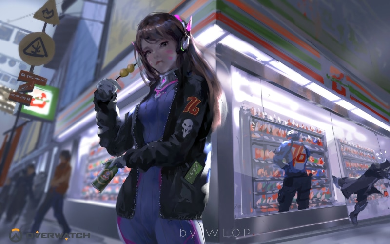 headphones, Reaper (Overwatch), Long Hair, video games, Overwatch, digital art, WLOP, women, 2K, artwork, Rick and morthi, brunette, D.Va (Overwatch)