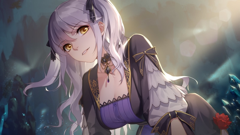 2K, cleavage, women, necklace, anime, long hair, Thankstar404, original characters, lens flare, pigtails, smiling, looking at viewer, dress, silver hair
