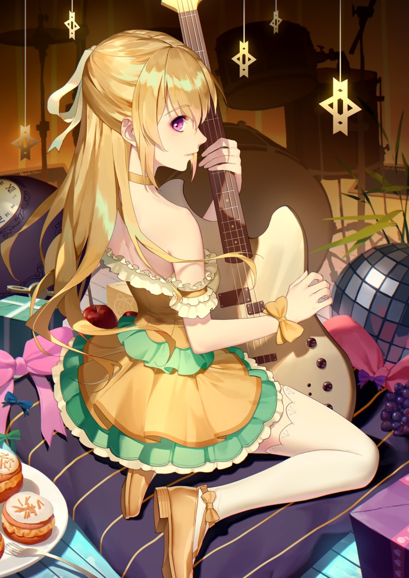 musical instrument, anime, anime girls, dress, bass guitars, digital art, artwork, drums, 2K, Thankstar404, fan art, purple eyes, disco balls, long hair