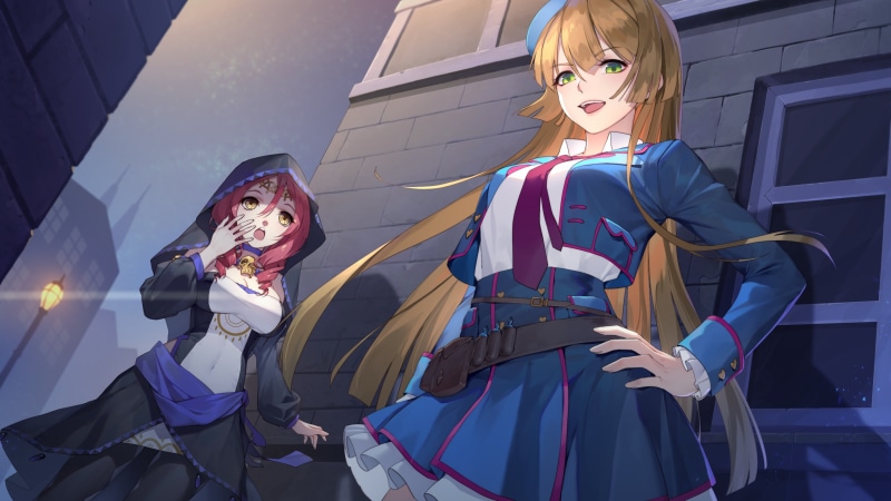 jacket, 2D, 2K, open mouth, street, artwork, skirt, dress, women, blonde, long hair, tie, anime girls, redhead, illustration, digital art, anime, original characters
