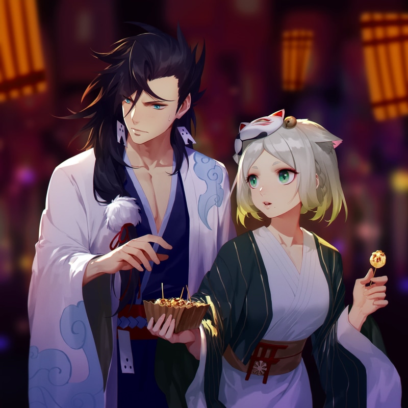 blonde, Thankstar404, food, fox mask, anime boys, anime girls, women, illustration, Japan, 1080P, blushing, kimono, men, anime, green eyes, fantasy girl