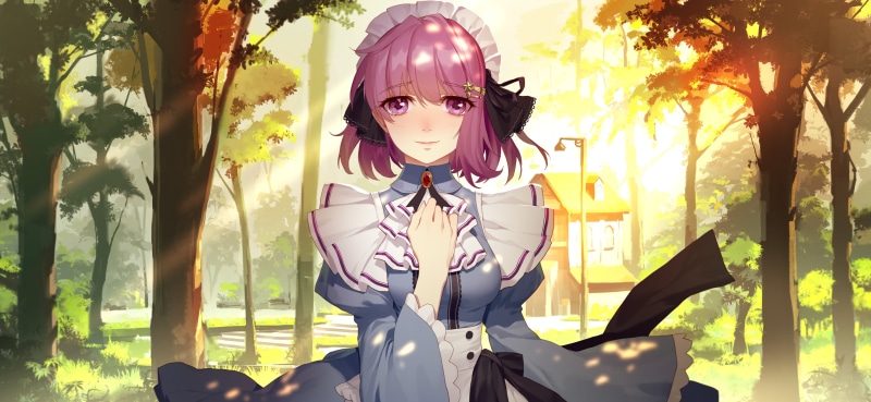 forest, original characters, outdoors, maid outfit, purple hair, street light, 2D, maid, tears, dress, portrait, digital art, trees, environment, anime girls