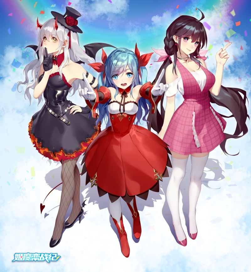 fantasy girl, illustration, pigtails, women, dress, hair ornament, drawing, anime, twintails, long hair, Thankstar404, knee-highs, group of women, smiling