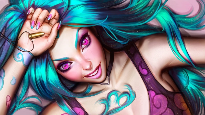 blue hair, fantasy girl, digital art, Jinx (League of Legends), video games, smiling, 2K, women, bullet
