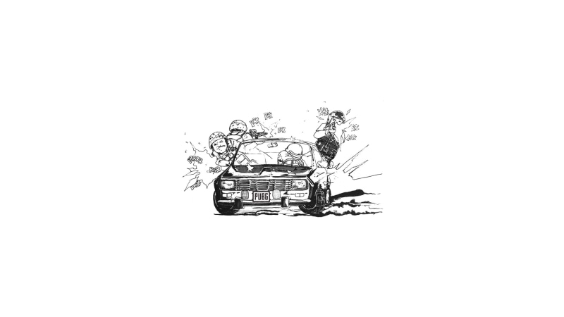 simple background, gun, artwork, helmet, shooting, drawing, car, PUBG, digital art, 1080P, video games