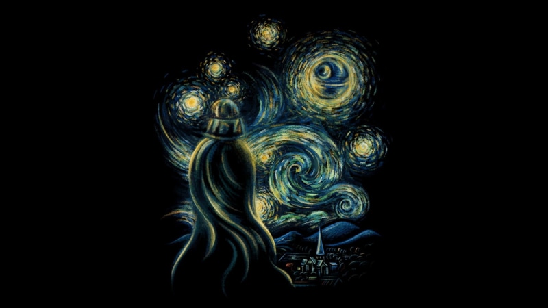 Vincent van Gogh, artwork, starry night, crossover, Star Wars, Darth Vader, black background, Death Star, 1080P