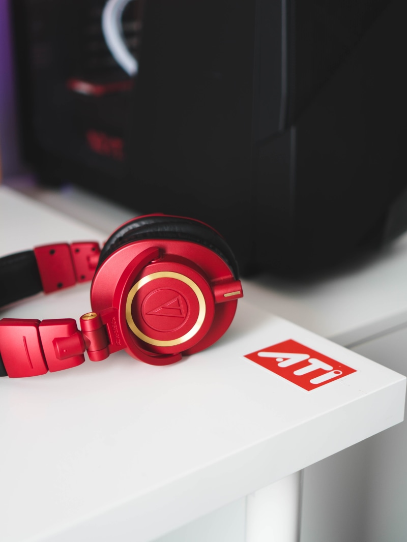 audio technica, haivan, safety, ath m50x red limited edition, capital letter, security, close-up, day, technology, cleanminimal, table, focus on foreground