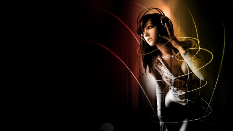 music, connection, light, real people, black background, women, glowing, illustration, female, one person, leisure activity, adult, young adult, copy space
