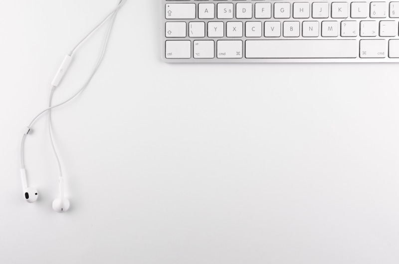 top view, computer key, clean, desk, near, headphones, copy space, connection, earphone, mockup, 4K, studio shot, white background, indoors, computer keyboard