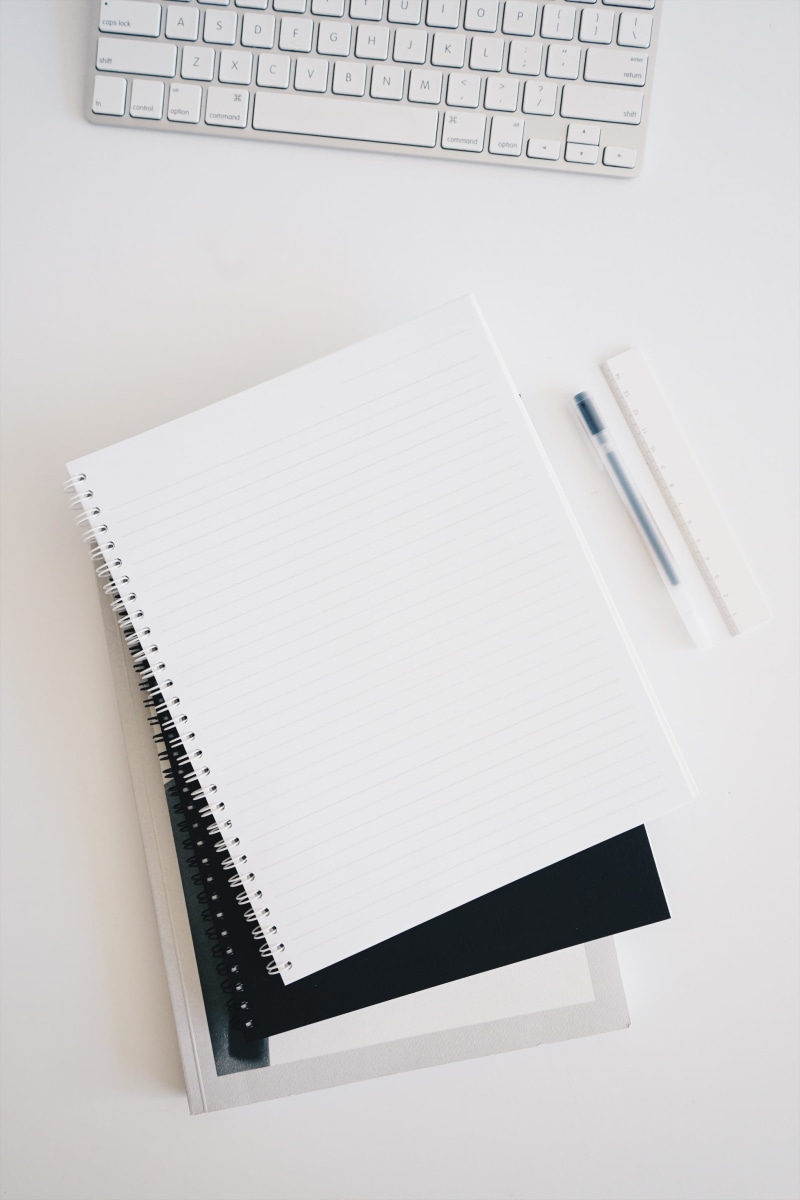 flat lay, white color, desk top, laptop, 2K, high angle view, desk flat lay, office supply, spiral notebook, spiral, computer, work, communication, note pad