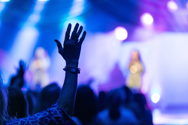 excitement, stage, human limb, event, worship, audience, enjoyment, human hand, youth culture, arms raised, hand raised, music, group of people, music festival