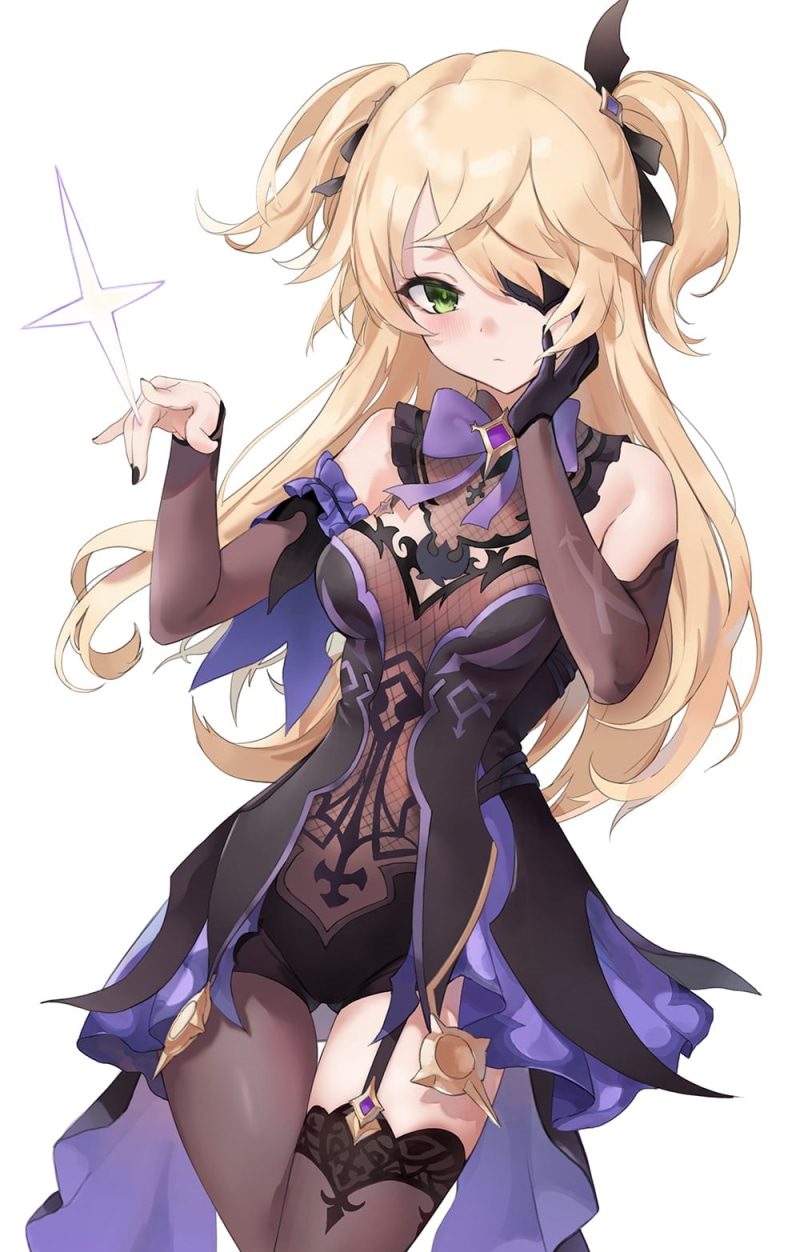 720P, Genshin Impact, anime girls, yumaomi, Fischl (Genshin Impact), garter straps, black stockings