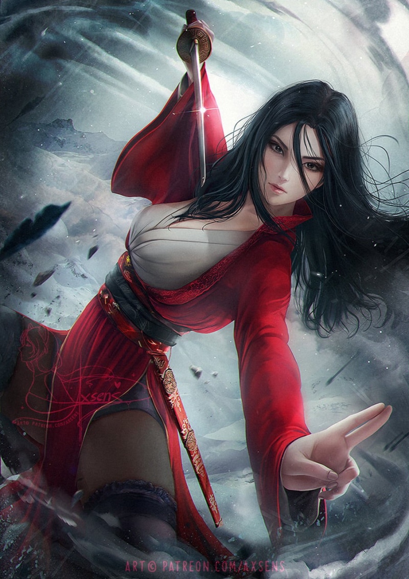 sword, robes, Mulan, drawing, dark hair, 720P, wind, fighting, axsens, red clothing, long hair, weapon, women