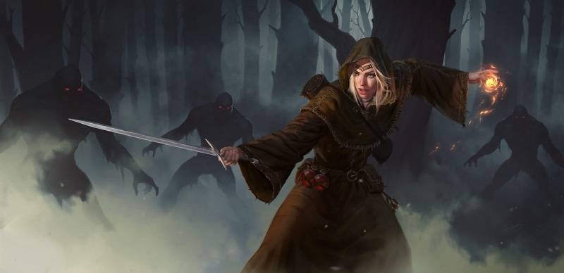 three quarter length, arts culture and entertainment, young adult, holding, warrior, real people, costume, lifestyles, night, robes, mist, fantasy art