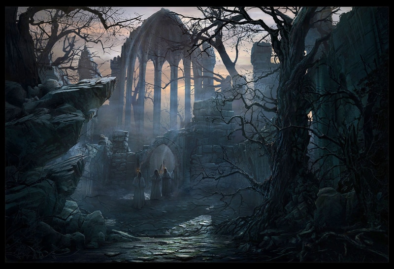 architecture, belief, built structure, environment, place of worship, white, solid, dark fantasy, outdoors, horror, tree, religion, forest, ruin, plant