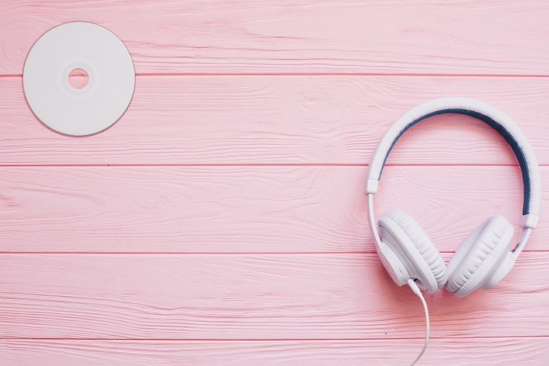 music, 5K, pink background, disk, white, headphones
