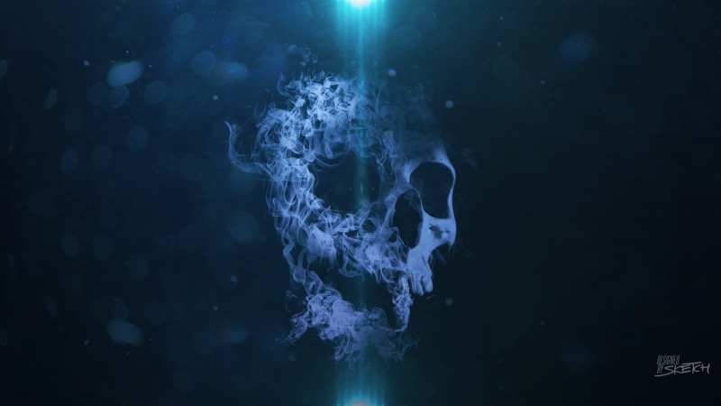 skull, blue background, transparent, deep, no people, splashing, smoke - physical structure, 5K, digital, animal, night, abstract, sea, motion