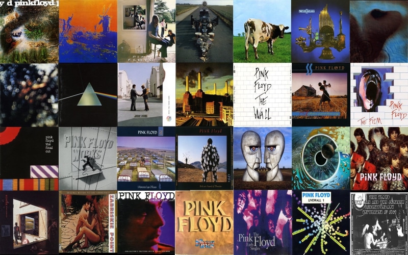 album, close-up, collection, human representation, retail display, Band (Music), digital composite, text, variation, male likeness, Pink Floyd, multi colored