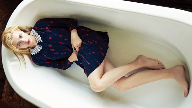 beauty, young women, hairstyle, hair, lying down, women, relaxation, beautiful woman, high angle view, Chloë Grace Moretz, blonde, young adult, dress, bathroom