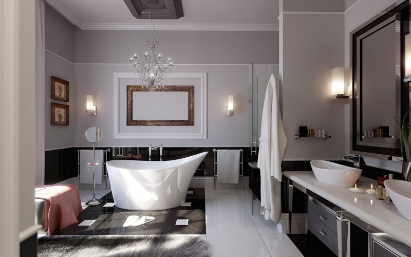 sink, white color, furniture, domestic Room, mirror, indoors, architecture, illuminated, modern, lighting Equipment, domestic Bathroom, wide, clean, chandelier