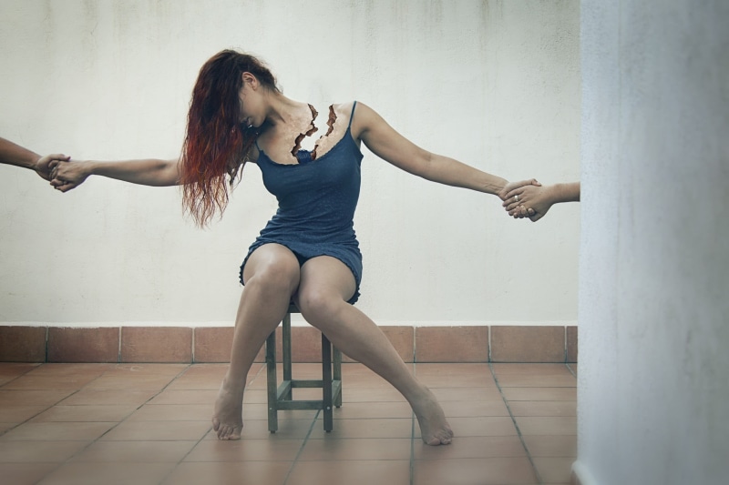 long hair, strap, indoors, minidress, leisure activity, wall - building feature, holding hands, spaghetti, s, chair, adult, photo manipulation, sitting