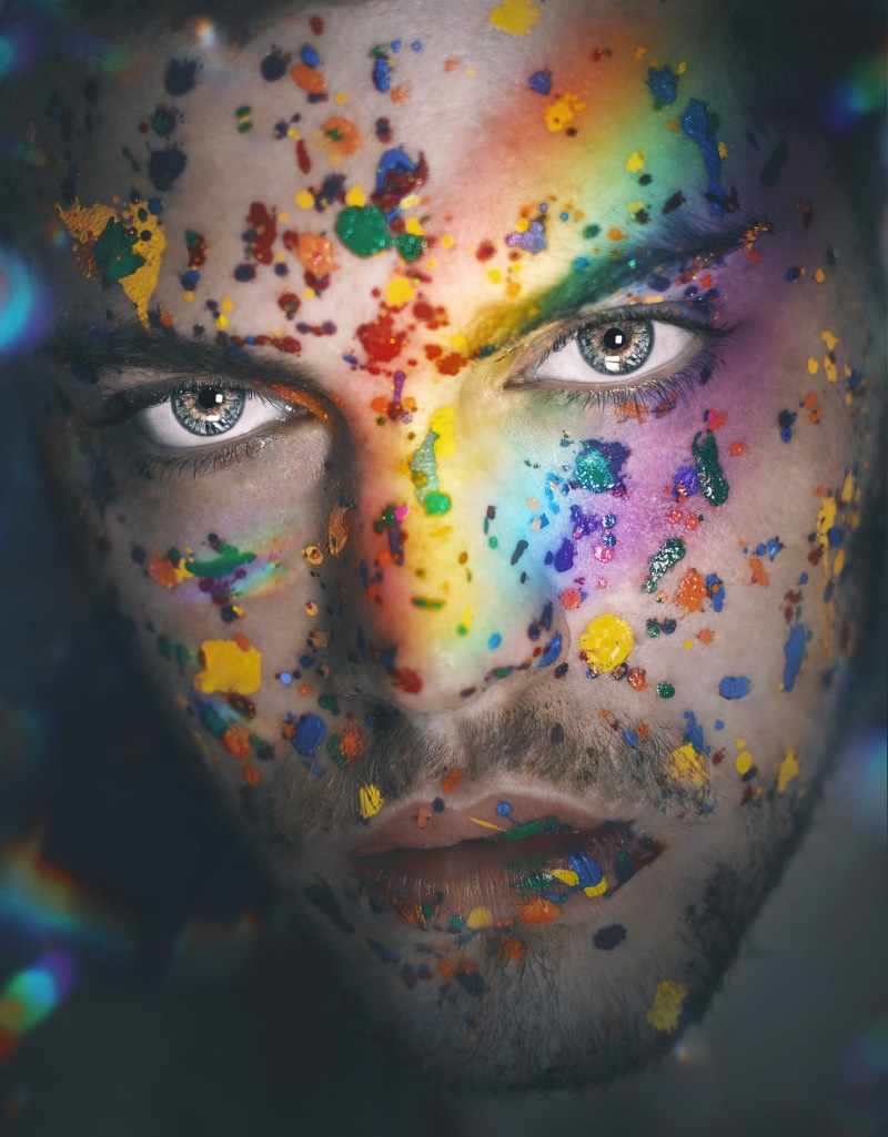 looking at camera, women, blue, eye, beautiful woman, human face, man, red, painting, human body part, portrait, photography, face paint, color, focus