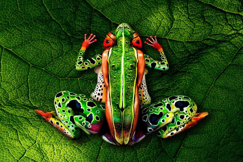 1080P, bodypainting, Frog, naked women, green leaf