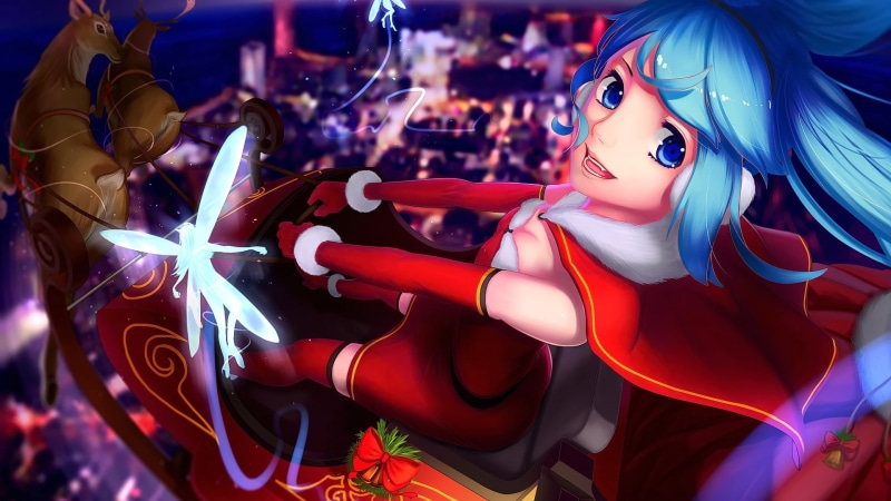 1080P, anime, sled, Hatsune Miku, anime girls, Vocaloid, deer, Christmas