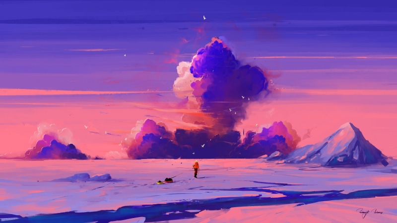 clouds, artwork, sled, BisBiswas, snow, 1080P, birds