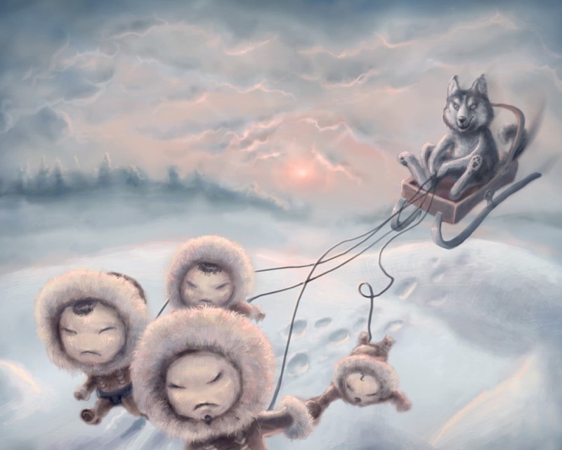 outdoors, riding, artwork, group of animals, no people, aurorae, water, art and craft, architecture, sky, wolf, cloud - sky, sea, nature, mammal, eskymos