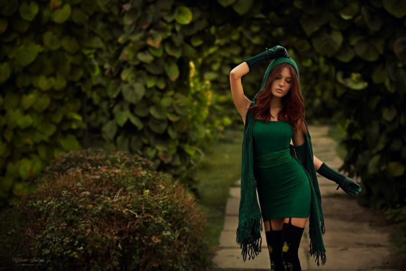path, scarf, dress, bodycon, beautiful woman, model, gloves, plant, real people, clothing, young women, s, three quarter length, green color, redhead, one person