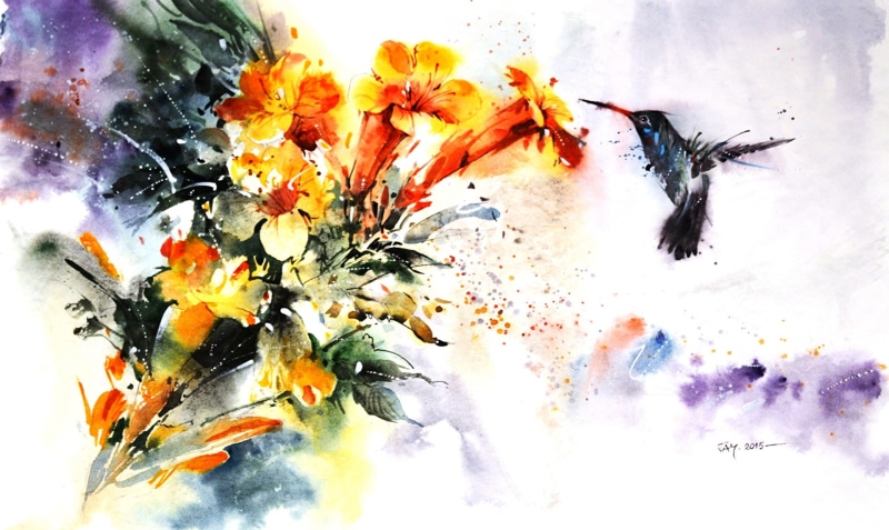 1080P, art, watercolor, pasare, colibri, flower, Hummingbird, yellow, bird