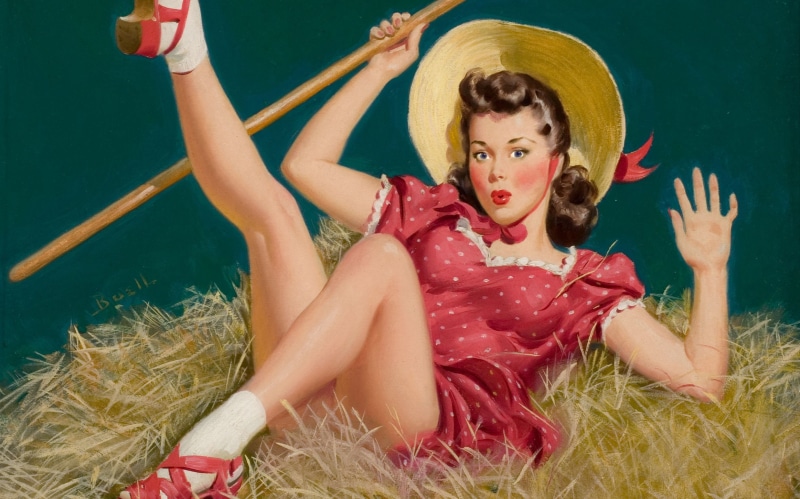 girl, Alfred Leslie Buell, Pin-up, 1080P, drop, retro, hay, figure