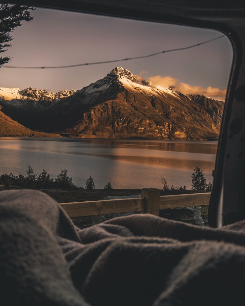 2K, nature, outdoors, van, beauty In Nature, sunset, door, view, dusk, reflection, mountain Peak, life, vanlife, water, travel, autumn, blanket, camping