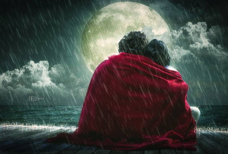 rain, romance, lovers, blanket, the moon, feelings, 1080P