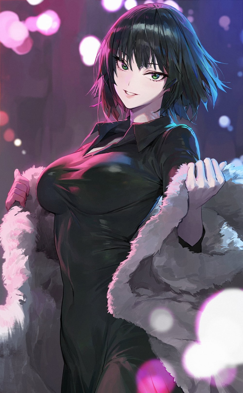 Fur Shawl, Mossi (artist), green eyes, Fubuki, 720P, One-Punch Man, short hair, anime girls, dress