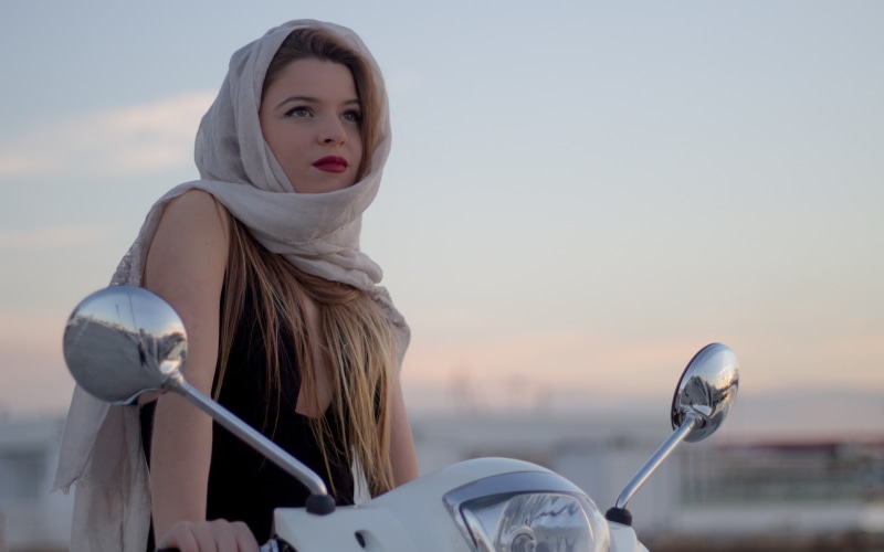 scarf, shawl, lipstick, face, girl, background, scooter, 2K