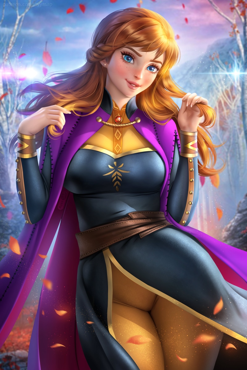 fictional character, redhead, Disney, AyyaSAP, looking at viewer, dress, blue eyes, pants, Disney princesses, shawl, drawing, artwork, Frozen 2, Princess Anna