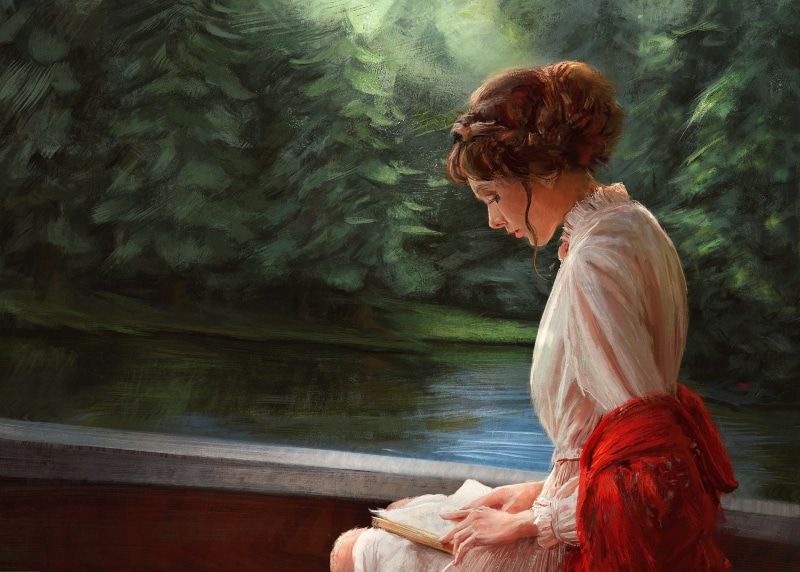 silence, Mandy Jurgens, white dress, reading, book, shawl, art, river, 1080P, nature, hairstyle, spruce forest, girl