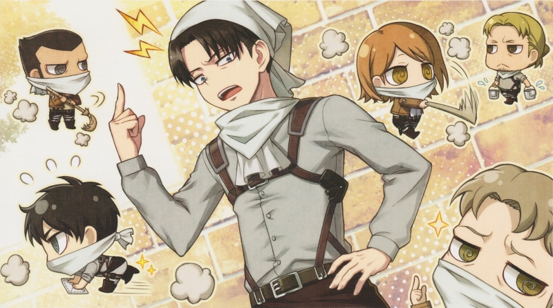 Attack on Titan, shawl, The Invasion Of The Giants, broom, Levi Ackerman, bucket, Erd Gin, emblem, Tomas Wagner, brick wall, military uniform, chibiki