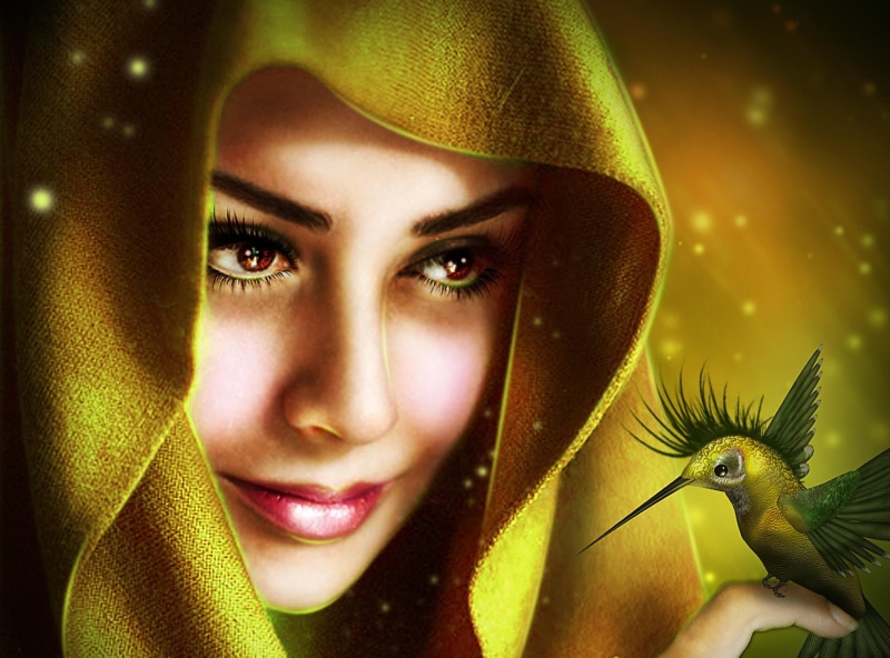 woman, yellow, illustration, 3d and abstract, hood, 1080P, hummingbird, bird, shawl