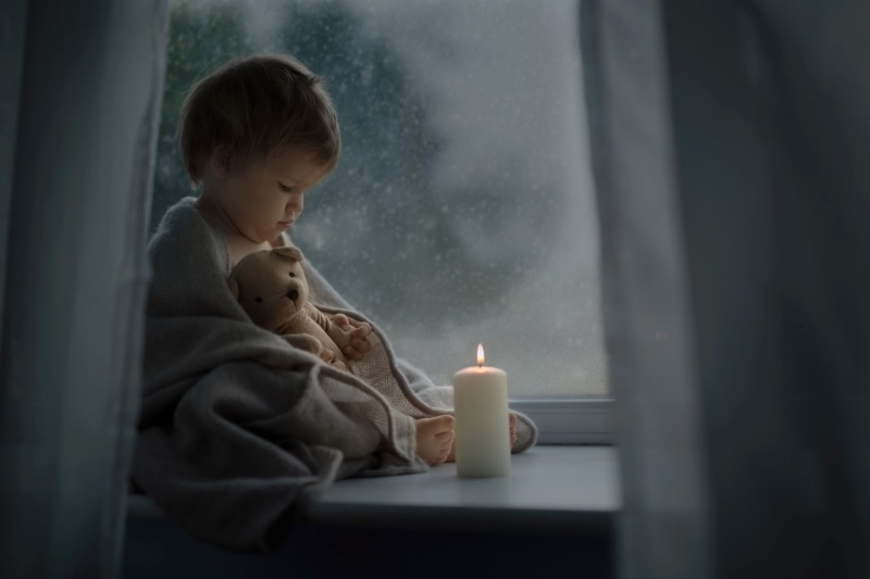 bear, 1080P, night, Katrina Parry, window, shawl, toy, child, sill, baby, candle