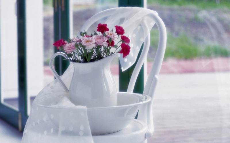 pink, ceramic, roses, 3d and abstract, life, white chear, pitcher, 1080P, shawl, white, flowers, pot vase, beautiful, still