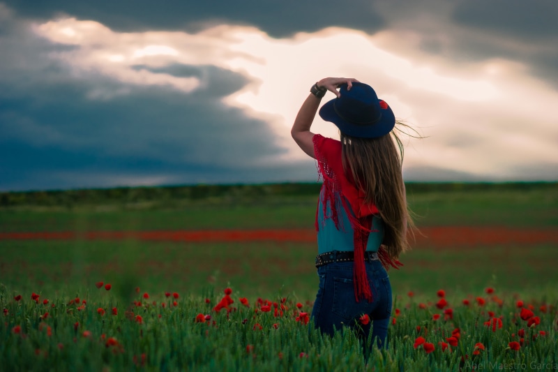 pose, 4K, flowers, back, the sky, shawl, landscape, poppy field, look into the distance, hat, girl, space, Cape, clouds, jeans, Maki