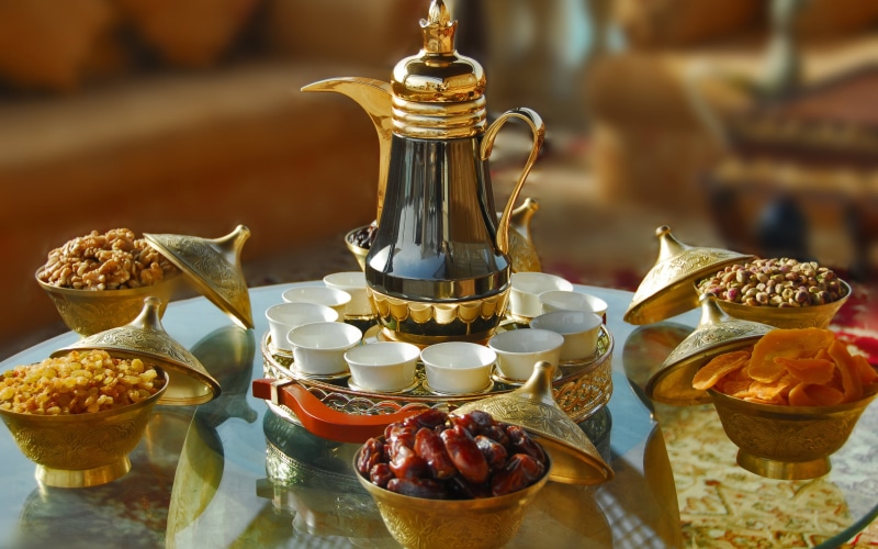 pitcher, tea cup, table, Iftar, 2K, drink, set, fruit, cups, food, tea, crockery, close-up, cup, piece, no people, indoors, colored, focus on foreground